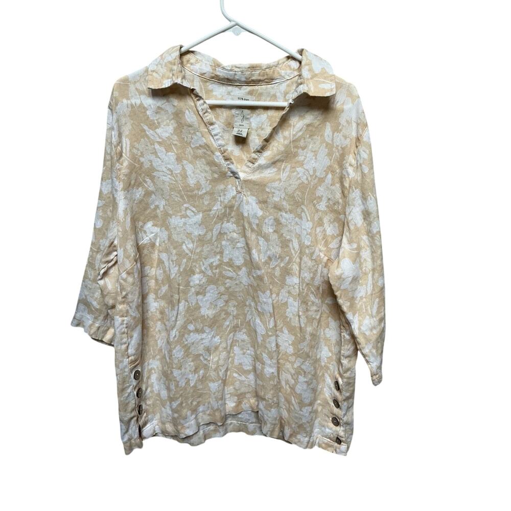 Joie Linen Top 1X Beige White Floral Button Sleeve Shirt